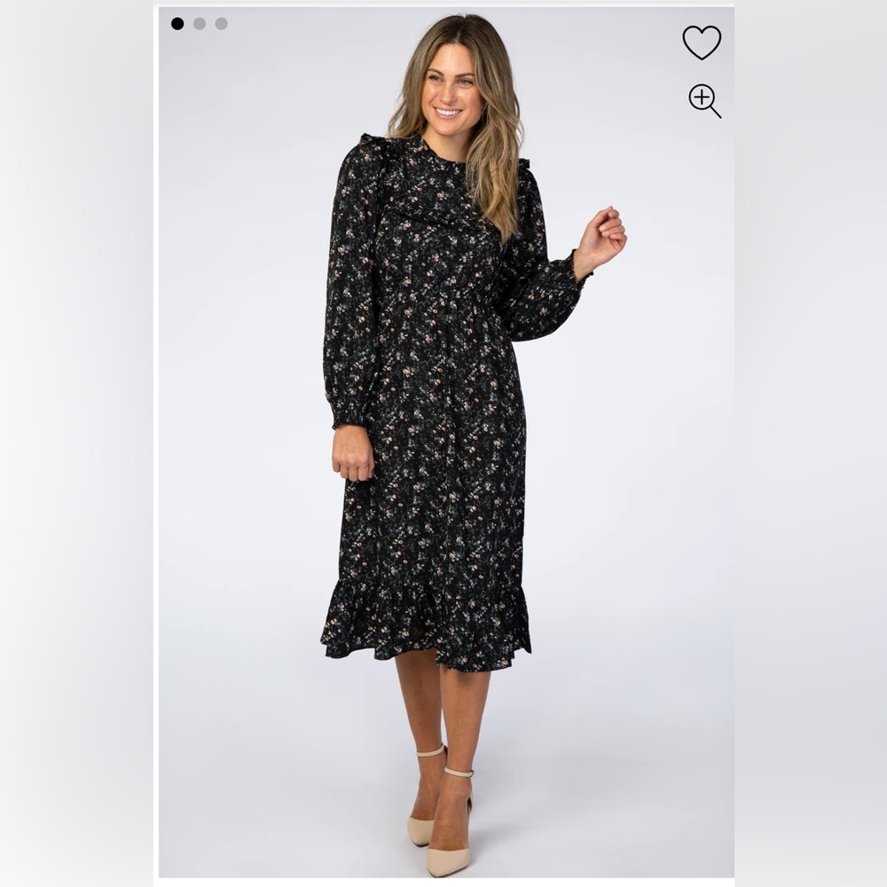 Black Floral Ruffle Long Sleeve Midi Dress Maternity